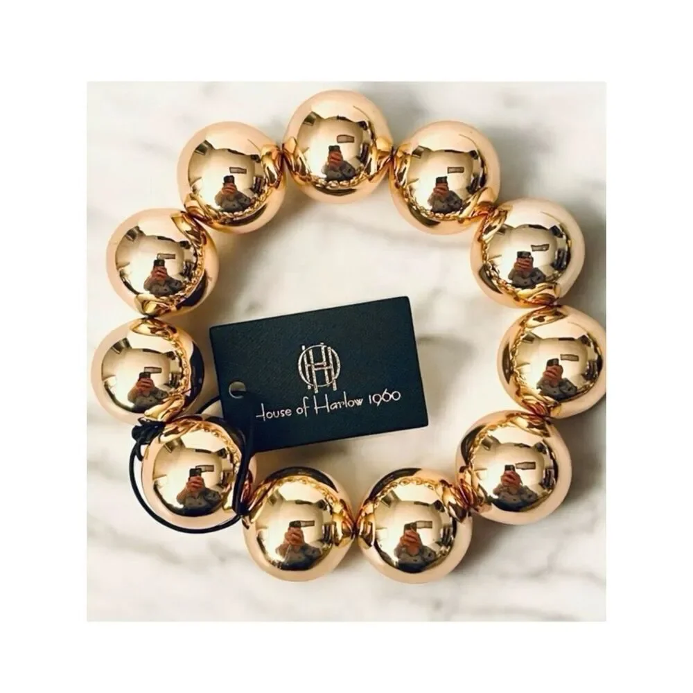 NWT Gorgeous House of Harlow 196 Elastic Highly Polished Big Gold Beads Bracelet
